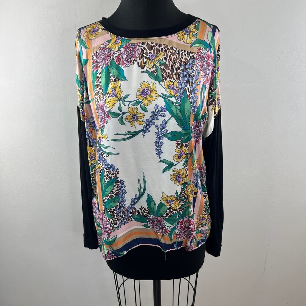 HALE BOB Black Multi Top Floral Round Neck Drop Shoulder Pullover Size Large L - Picture 2 of 8